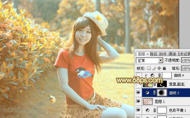 ‘Photoshop将花园中的人物图片调制出唯美的金色调‘
