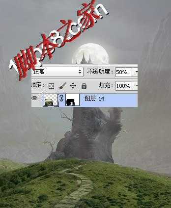 ‘photoshop合成制作美女在恐怖山谷城堡当秋千的场景‘