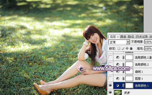 ‘Photoshop为草地上的美女调制明快的秋季蓝黄色‘