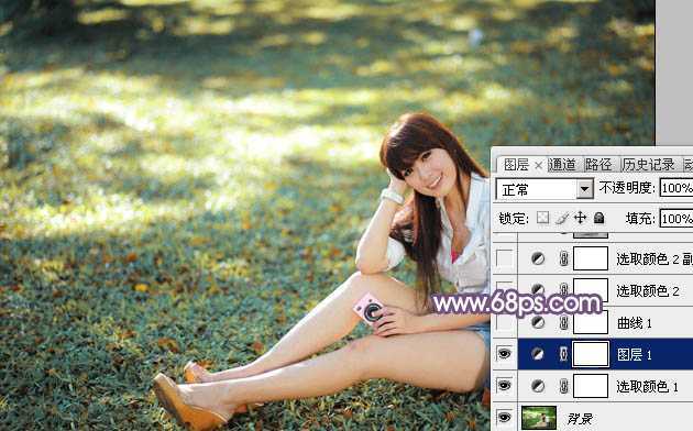 ‘Photoshop为草地上的美女调制明快的秋季蓝黄色‘