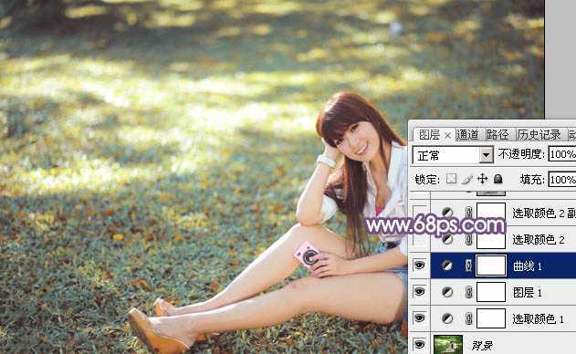 ‘Photoshop为草地上的美女调制明快的秋季蓝黄色‘