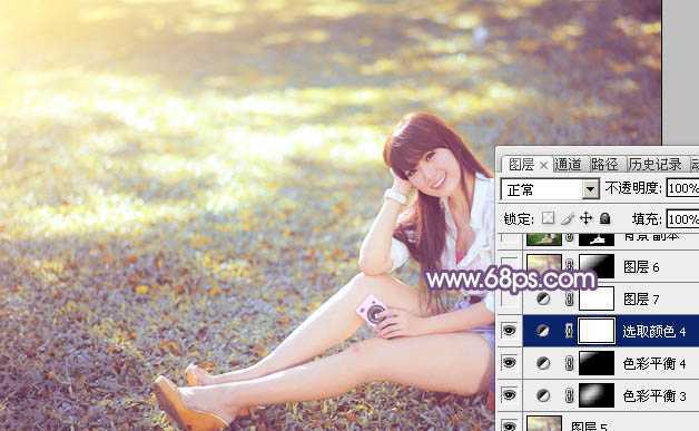 ‘Photoshop为草地上的美女调制明快的秋季蓝黄色‘