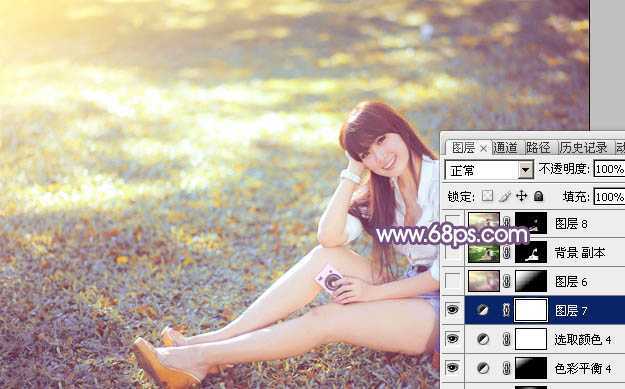 ‘Photoshop为草地上的美女调制明快的秋季蓝黄色‘