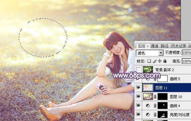 ‘Photoshop为草地上的美女调制明快的秋季蓝黄色‘