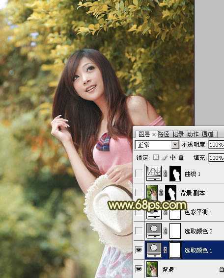 ‘Photoshop为绿树边的美女调制出柔美的黄褐色效果‘