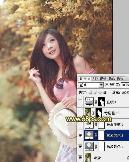 ‘Photoshop为绿树边的美女调制出柔美的黄褐色效果‘