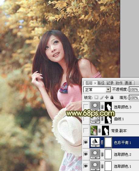 ‘Photoshop为绿树边的美女调制出柔美的黄褐色效果‘