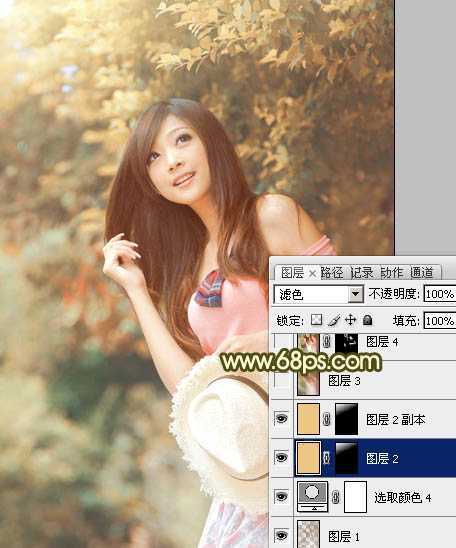 ‘Photoshop为绿树边的美女调制出柔美的黄褐色效果‘