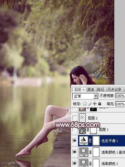 ‘Photoshop为湖边的美女加上淡淡的粉褐色‘
