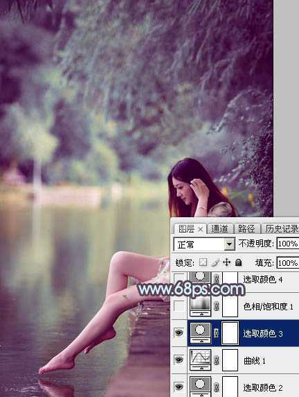 ‘Photoshop为湖景美女图片调制出唯美的青紫色‘