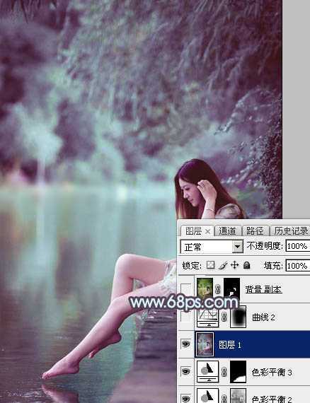 ‘Photoshop为湖景美女图片调制出唯美的青紫色‘