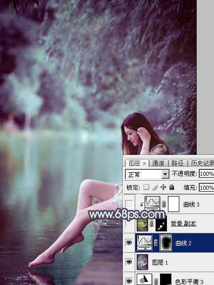 ‘Photoshop为湖景美女图片调制出唯美的青紫色‘