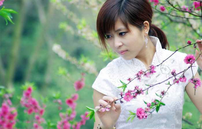 ‘Photoshop将桃花林中的美女加上清爽的古典淡青色‘