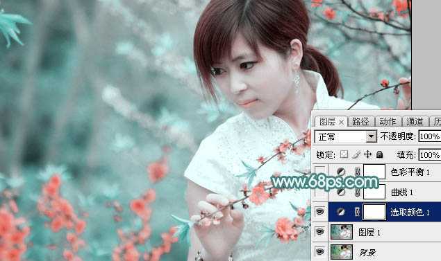 ‘Photoshop将桃花林中的美女加上清爽的古典淡青色‘