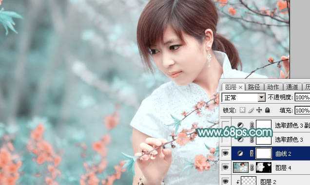 ‘Photoshop将桃花林中的美女加上清爽的古典淡青色‘