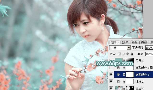 ‘Photoshop将桃花林中的美女加上清爽的古典淡青色‘