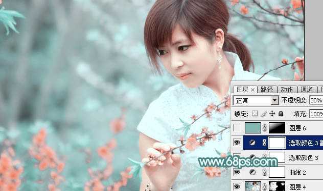 ‘Photoshop将桃花林中的美女加上清爽的古典淡青色‘