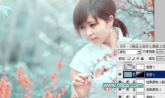‘Photoshop将桃花林中的美女加上清爽的古典淡青色‘