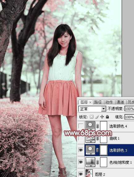 ‘Photoshop为树下的美女图片调制出甜美的粉调青红色‘