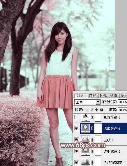 ‘Photoshop为树下的美女图片调制出甜美的粉调青红色‘