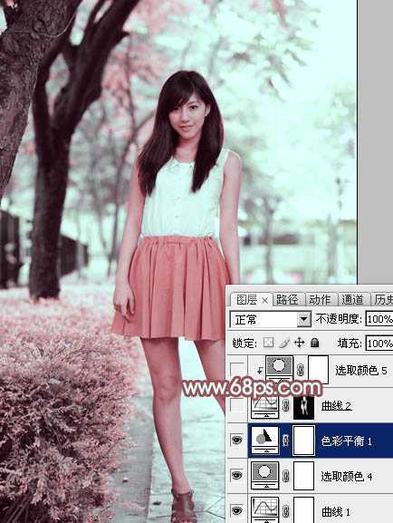 ‘Photoshop为树下的美女图片调制出甜美的粉调青红色‘