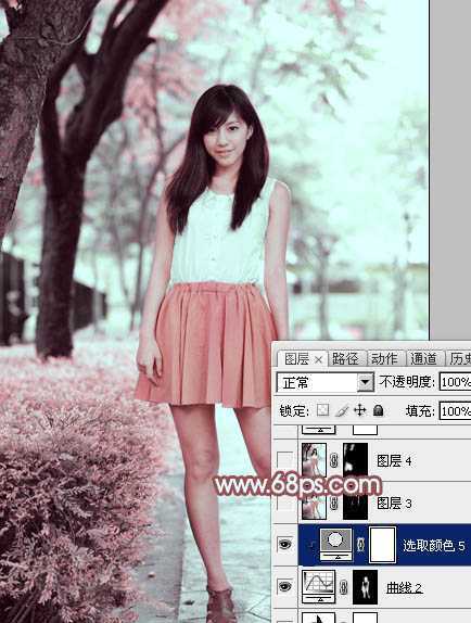 ‘Photoshop为树下的美女图片调制出甜美的粉调青红色‘