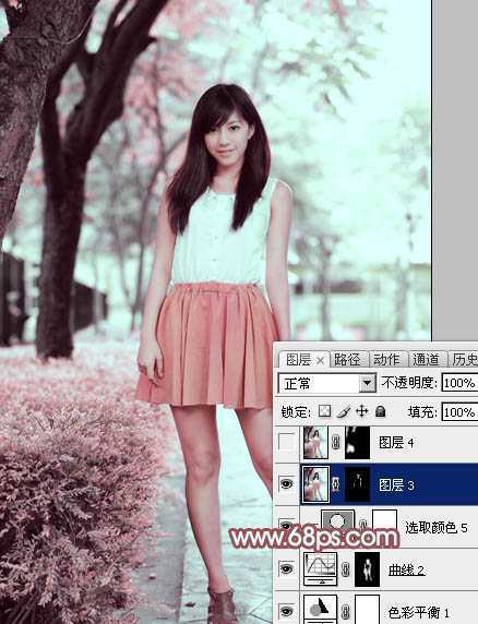 ‘Photoshop为树下的美女图片调制出甜美的粉调青红色‘