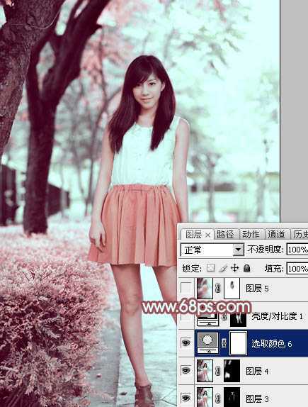 ‘Photoshop为树下的美女图片调制出甜美的粉调青红色‘