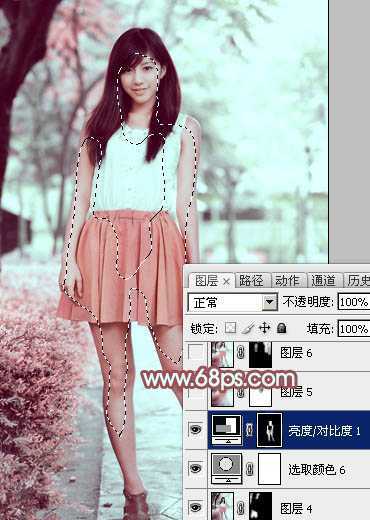 ‘Photoshop为树下的美女图片调制出甜美的粉调青红色‘