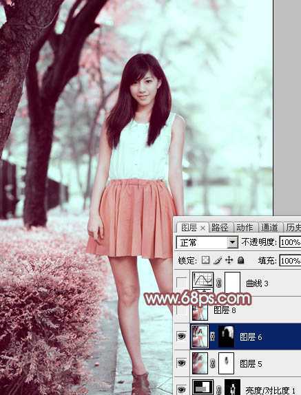 ‘Photoshop为树下的美女图片调制出甜美的粉调青红色‘