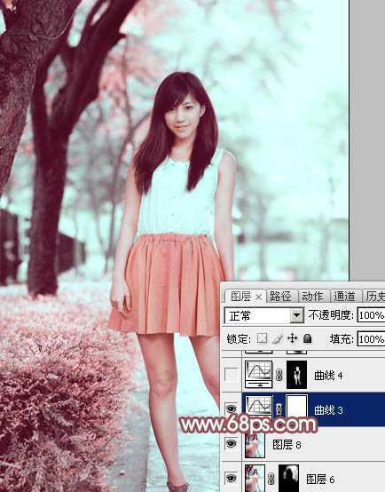 ‘Photoshop为树下的美女图片调制出甜美的粉调青红色‘