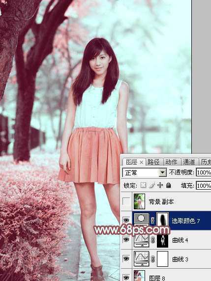 ‘Photoshop为树下的美女图片调制出甜美的粉调青红色‘
