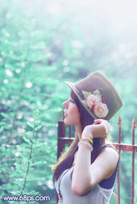 ‘Photoshop将树景美女图片打造唯美的小清新的淡调青绿色‘