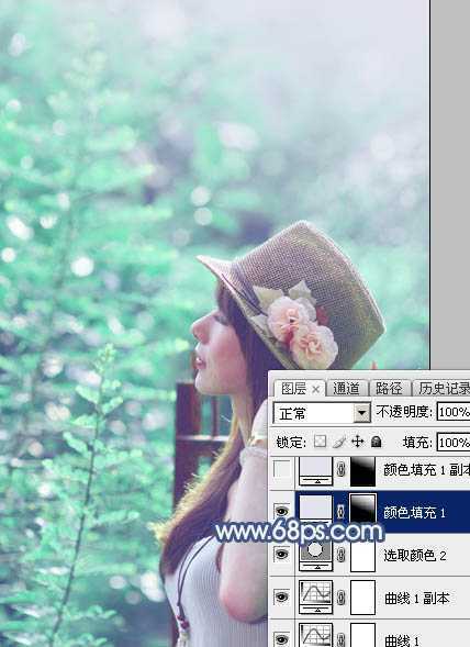 ‘Photoshop将树景美女图片打造唯美的小清新的淡调青绿色‘