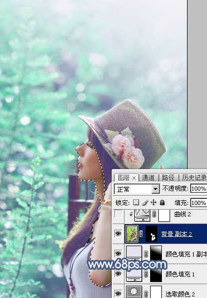 ‘Photoshop将树景美女图片打造唯美的小清新的淡调青绿色‘