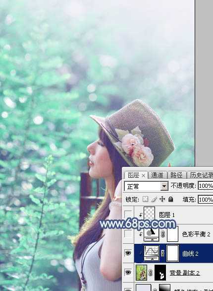 ‘Photoshop将树景美女图片打造唯美的小清新的淡调青绿色‘