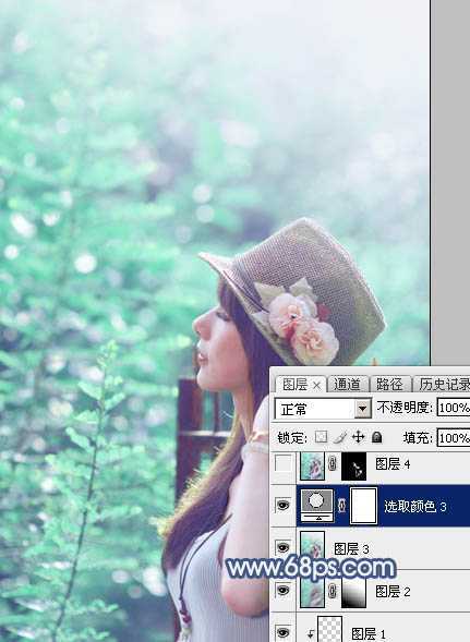 ‘Photoshop将树景美女图片打造唯美的小清新的淡调青绿色‘