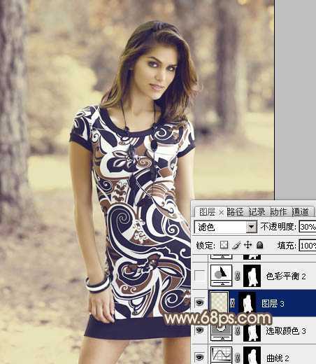 ‘Photoshop将树林人物图片调制出纯美的淡黄色效果‘