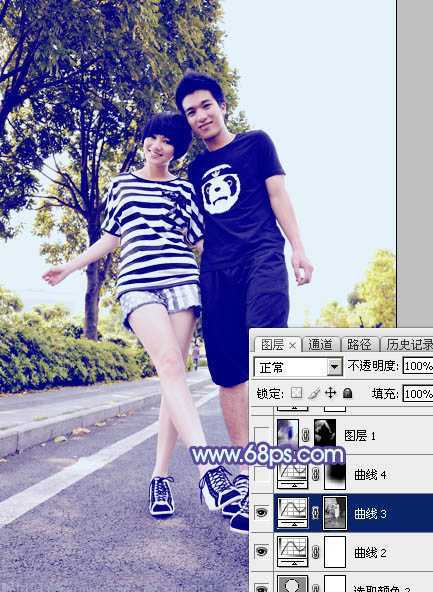 ‘Photoshop为街道情侣图片增加梦幻的蓝色调‘
