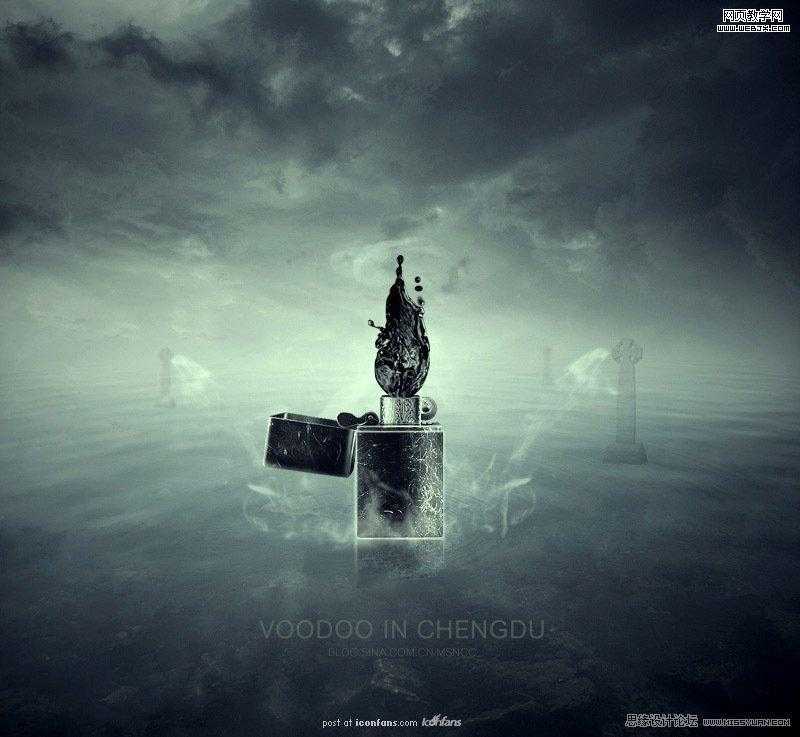 ‘Photoshop将打火机燃烧场景合成冷色效果的‘