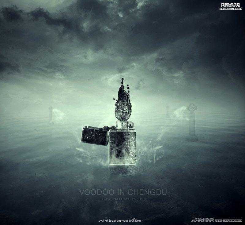 ‘Photoshop将打火机燃烧场景合成冷色效果的‘
