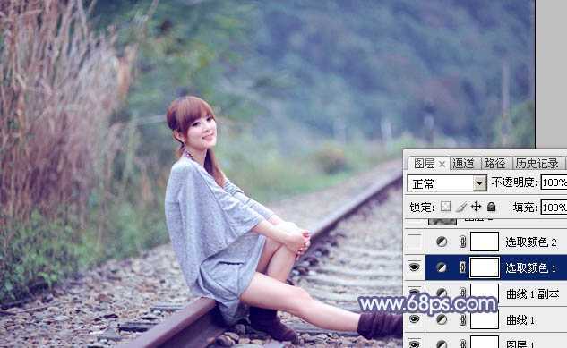 ‘Photoshop快速打造出甜美的春季淡蓝色外景美女图片‘