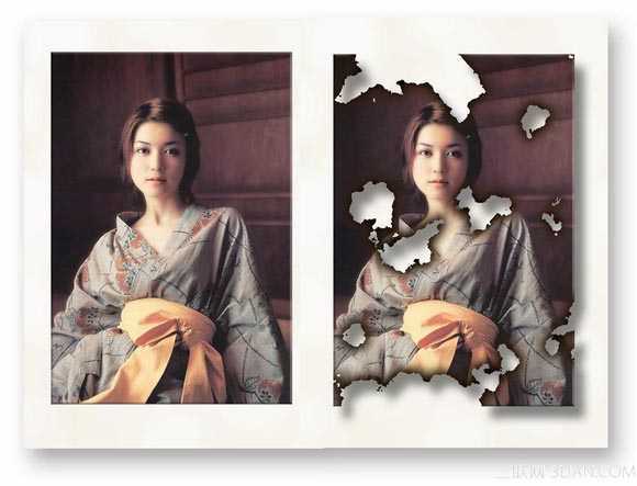 ‘PhotoShop将美女图片打造出破烂的烧纸效果‘