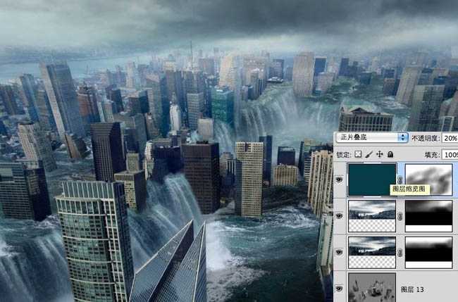 ‘photoshop合成科幻的洪水蔓延的城市‘