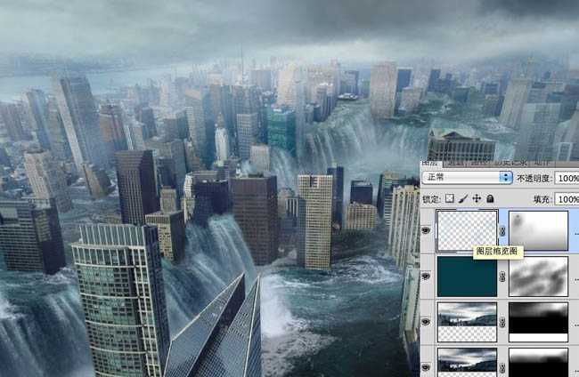 ‘photoshop合成科幻的洪水蔓延的城市‘