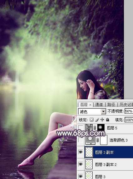 ‘Photoshop使用调色与渲染工具打造出梦幻的绿紫色水景人物图片‘