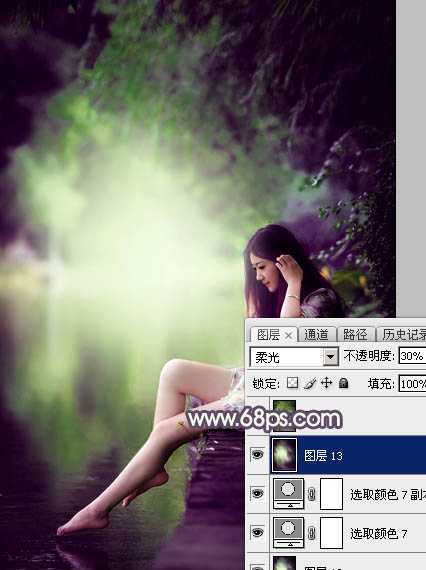 ‘Photoshop使用调色与渲染工具打造出梦幻的绿紫色水景人物图片‘