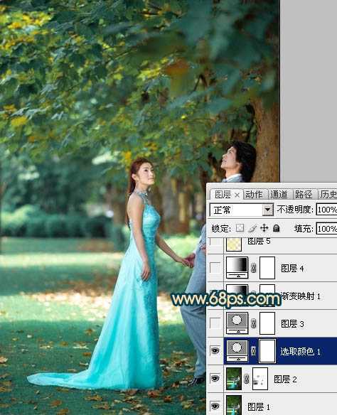 ‘Photoshop将树林婚片调成柔美的暗暖色‘