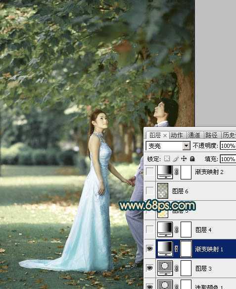 ‘Photoshop将树林婚片调成柔美的暗暖色‘