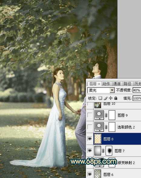 ‘Photoshop将树林婚片调成柔美的暗暖色‘